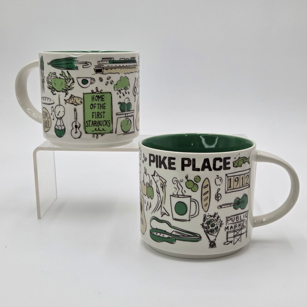 Starbucks 14oz Been There Series Pike Place Ceramic Coffee Mug Set of 2 Original